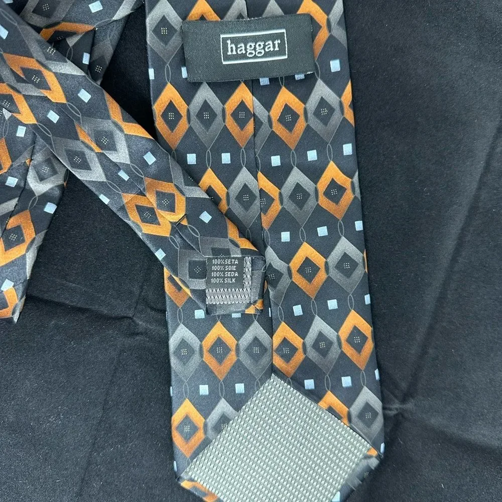 Haggar 100% Silk Black, Orange & Silver Diamonds Tie